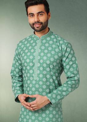 green printed cotton fabric straight kurta churidar for men 2