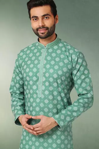 green printed cotton fabric straight kurta churidar for men
