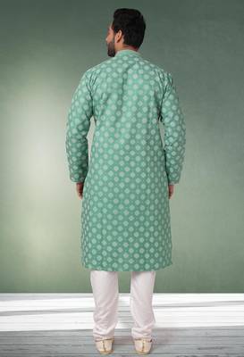 green printed cotton fabric straight kurta churidar for men 3