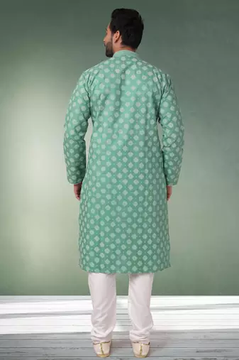 green printed cotton fabric straight kurta churidar for men