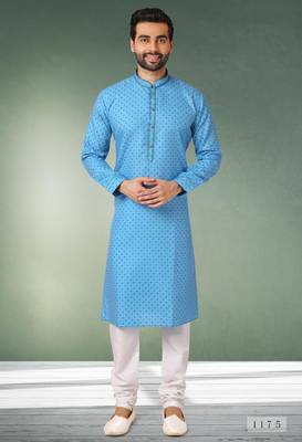 blue printed cotton fabric straight kurta churidar for men 1