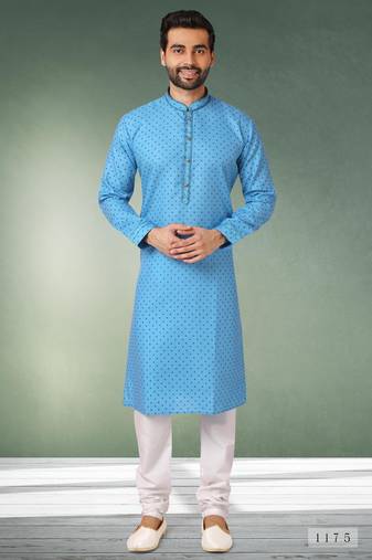 Blue printed cotton fabric straight kurta for men