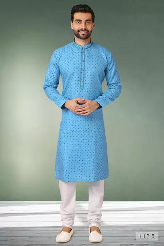 Blue printed cotton fabric straight kurta for men
