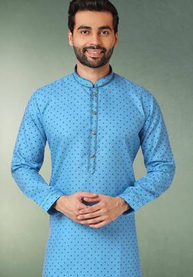 blue printed cotton fabric straight kurta churidar for men 2