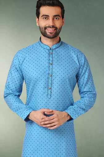 blue printed cotton fabric straight kurta churidar for men