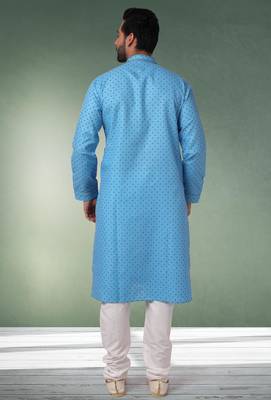 blue printed cotton fabric straight kurta churidar for men 3