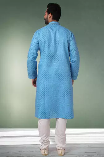 blue printed cotton fabric straight kurta churidar for men