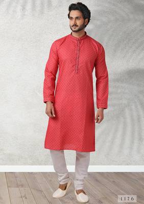 red printed cotton fabric straight kurta churidar for men 1