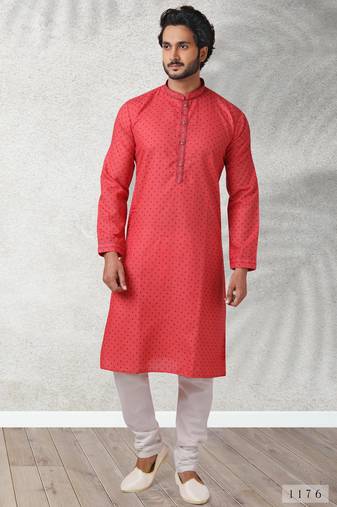 Red printed cotton fabric straight kurta for men