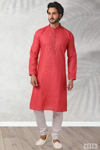 Red printed cotton fabric straight kurta for men