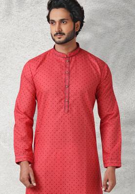 red printed cotton fabric straight kurta churidar for men 2