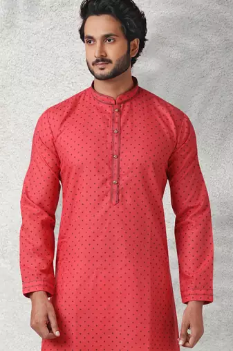 red printed cotton fabric straight kurta churidar for men