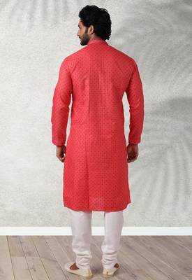 red printed cotton fabric straight kurta churidar for men 3
