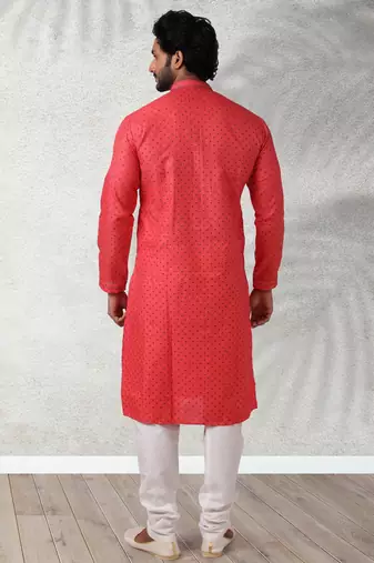 red printed cotton fabric straight kurta churidar for men