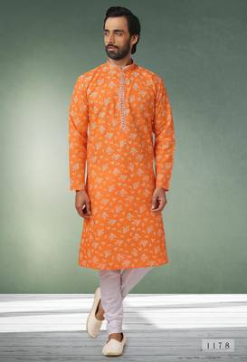 orange printed cotton fabric straight kurta churidar for men 1