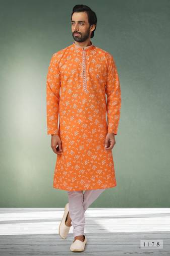Orange printed cotton fabric straight kurta for men