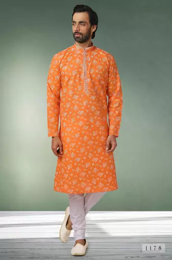 Orange printed cotton fabric straight kurta for men