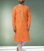 orange printed cotton fabric straight kurta churidar for men