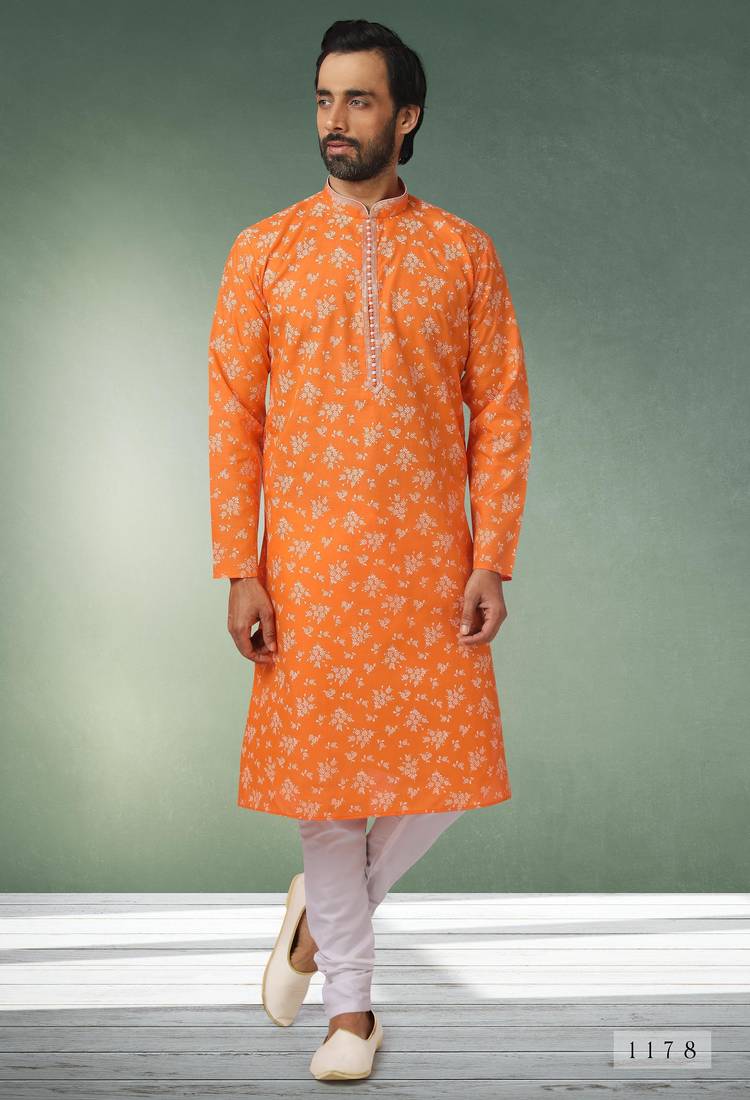 Orange printed cotton fabric straight kurta for men