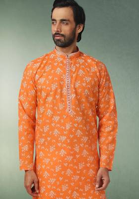 orange printed cotton fabric straight kurta churidar for men 2