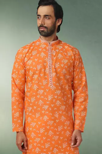 orange printed cotton fabric straight kurta churidar for men