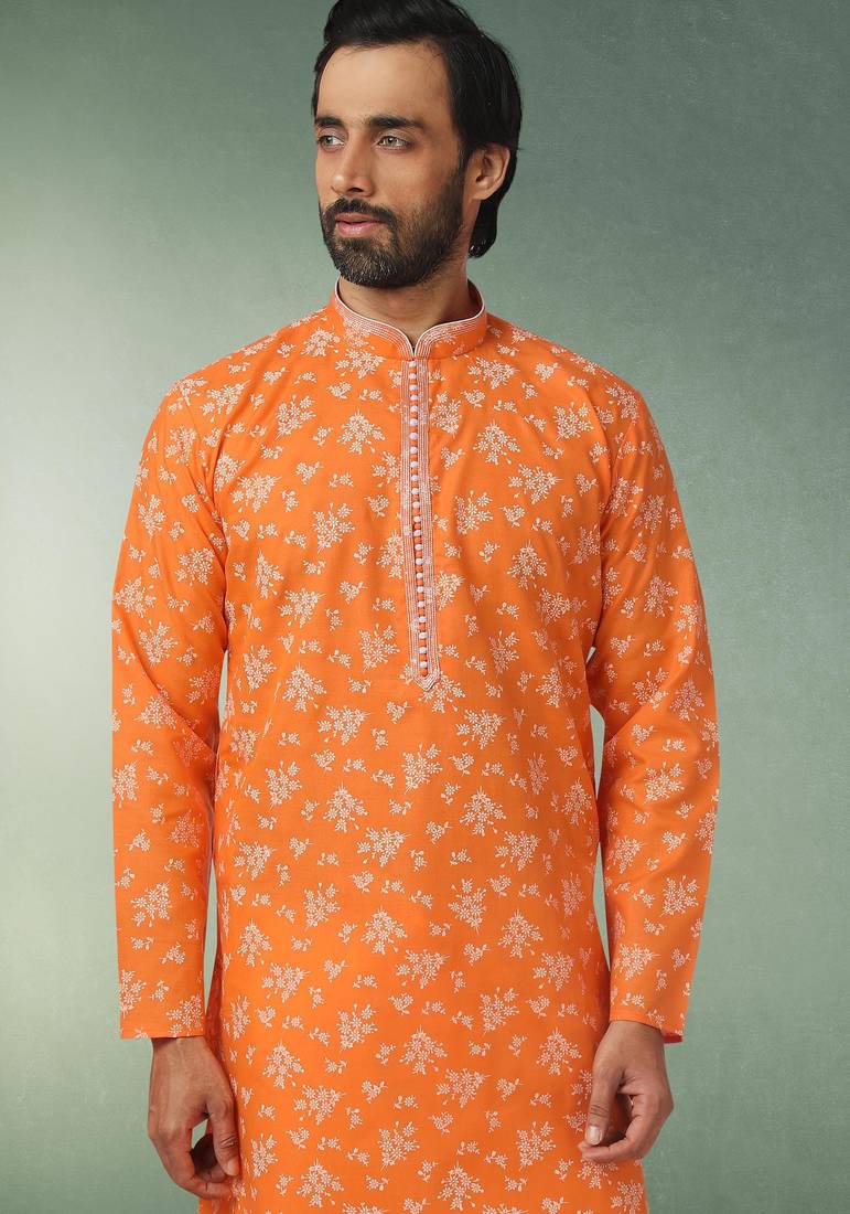 Orange printed cotton fabric straight kurta for men