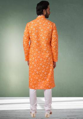 orange printed cotton fabric straight kurta churidar for men 3