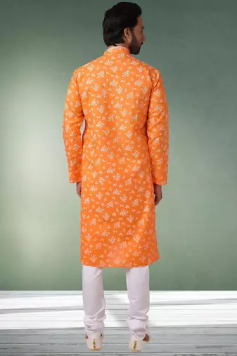 orange printed cotton fabric straight kurta churidar for men