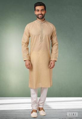 beige printed cotton fabric straight kurta churidar for men 1