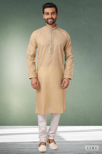 Beige printed cotton fabric straight kurta for men
