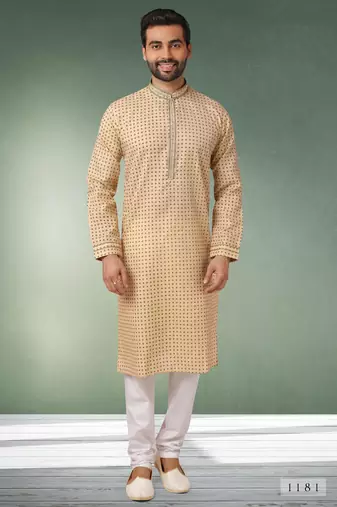 Beige printed cotton fabric straight kurta for men