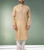 beige printed cotton fabric straight kurta churidar for men