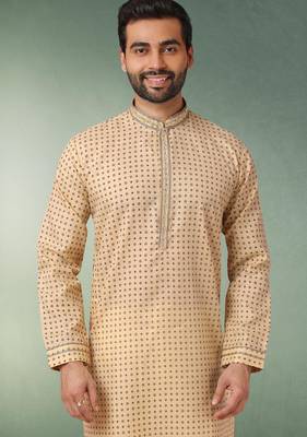 beige printed cotton fabric straight kurta churidar for men 2