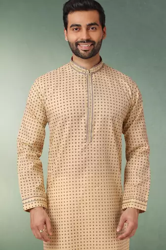beige printed cotton fabric straight kurta churidar for men