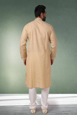 beige printed cotton fabric straight kurta churidar for men 3