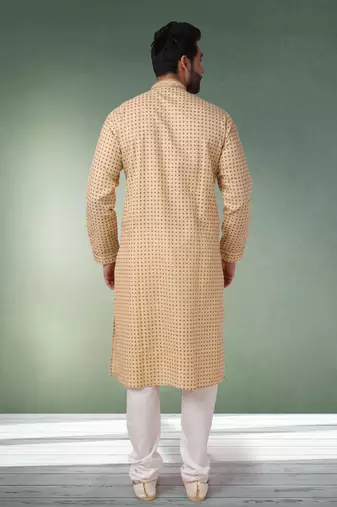 beige printed cotton fabric straight kurta churidar for men
