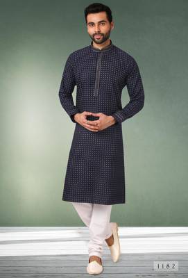 navy blue printed cotton fabric straight kurta churidar for men 1