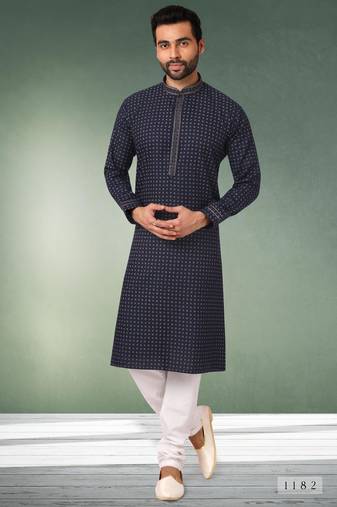 Navy blue printed cotton fabric straight kurta for men