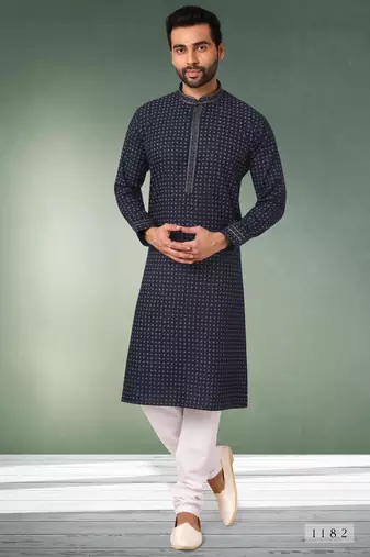 Navy blue printed cotton fabric straight kurta for men
