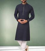 navy blue printed cotton fabric straight kurta churidar for men