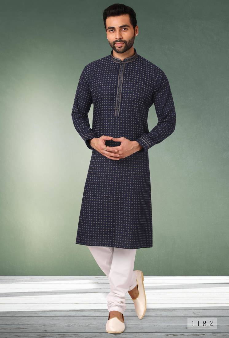 Navy blue printed cotton fabric straight kurta for men