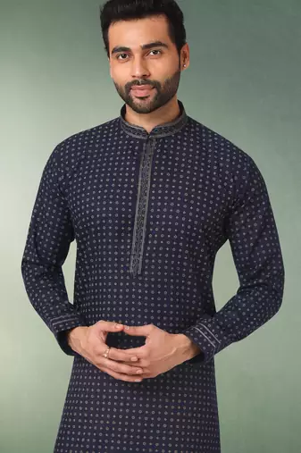 navy blue printed cotton fabric straight kurta churidar for men