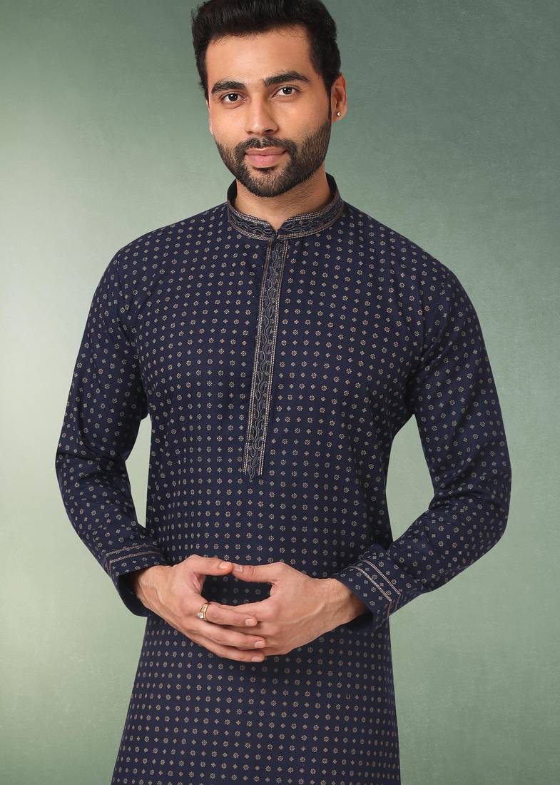 Navy blue printed cotton fabric straight kurta for men