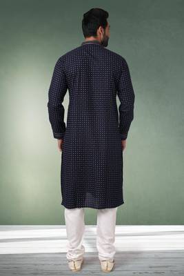 navy blue printed cotton fabric straight kurta churidar for men 3