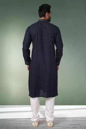 navy blue printed cotton fabric straight kurta churidar for men
