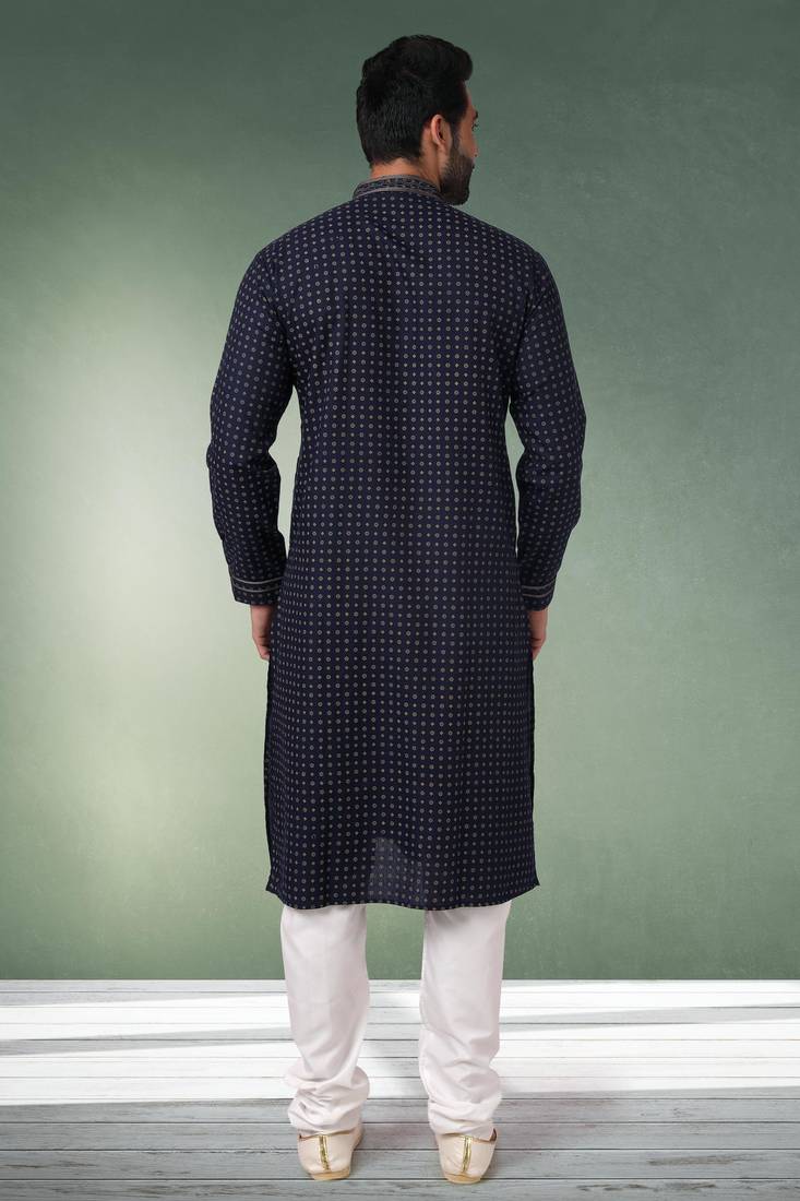 Navy blue printed cotton fabric straight kurta for men