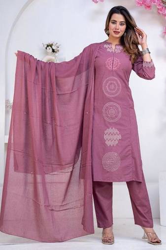 Floral printed lilac round neck pure cotton kurta set with trouser & dupatta