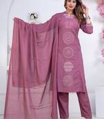 Floral printed lilac round neck pure cotton kurta set with trouser & dupatta