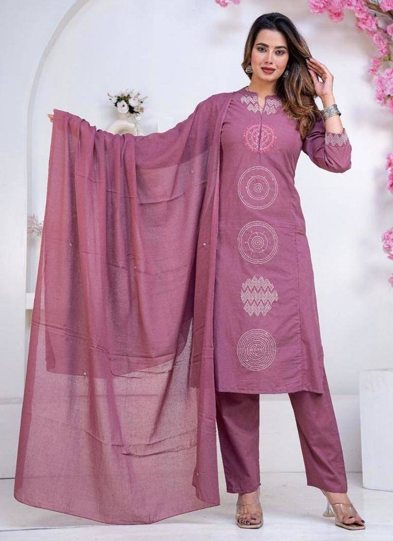 Floral printed lilac round neck pure cotton kurta set with trouser & dupatta