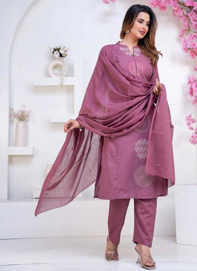 Floral printed lilac round neck pure cotton kurta set with trouser & dupatta
